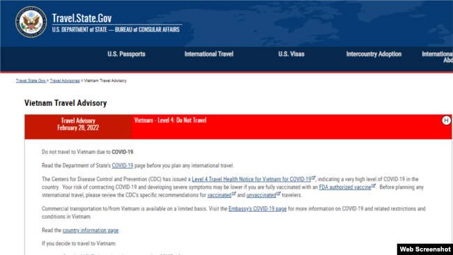 Cảnh báo "Ngừng đến" Việt Nam của Bộ Ngoại giao Hoa Kỳ hôm 28/2/2022.